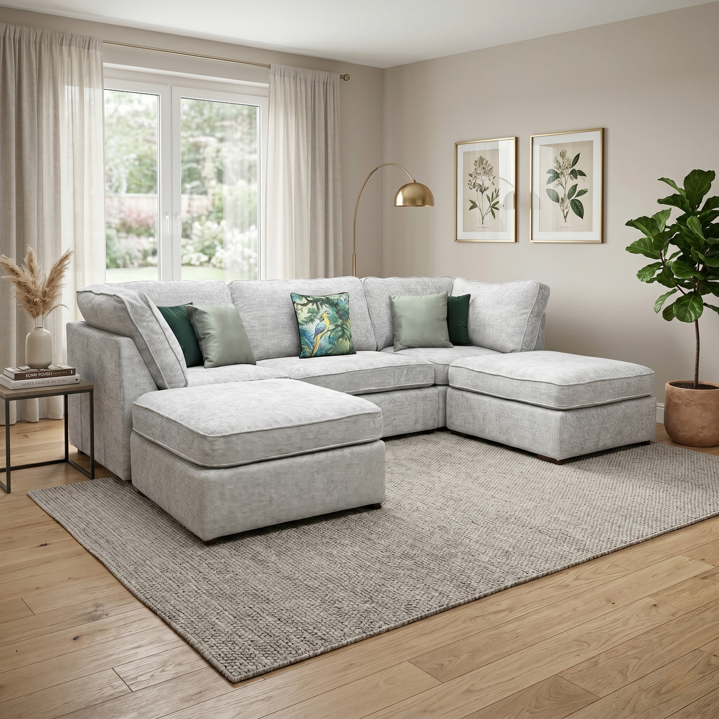 Living room view Feature graphic for the Emilia Silver U-shape sofa, showcasing its contemporary low-back silhouette and the generous array of coordinated scatter back cushions.