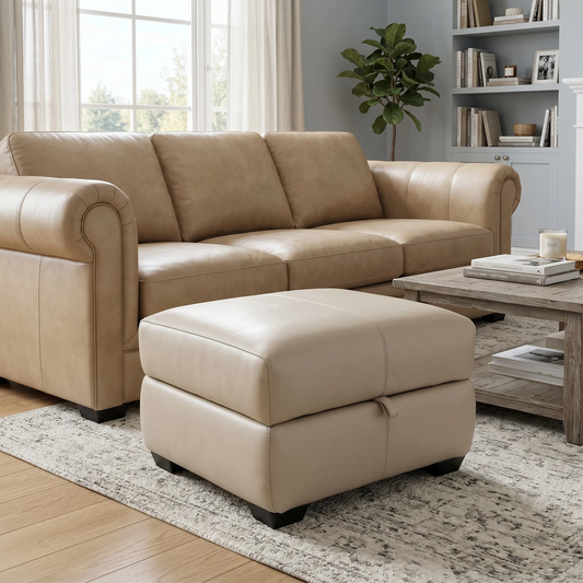 Living room view for the Elixir storage footstool, highlighting the premium 100% leather upholstery and spacious hidden storage compartment.