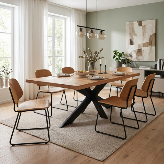 Dining room view for the Bodahl Terra 6 table, highlighting the premium distressed solid oak construction, rich Old Bassano finish, and architectural industrial star base.