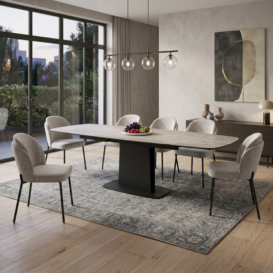 Dining room view for the Catalina dining table, highlighting the heat and scratch-resistant ceramic surface and the versatile extending tabletop design.