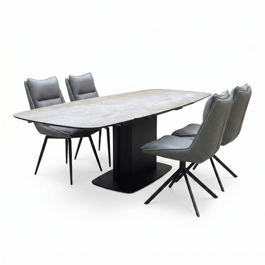 ‘Catalina’ Large Extending Ceramic Top Dining Table with Dark Grey Faux Leather Set of 4 Swivel Dining Chairs