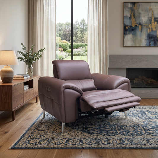Living room view for the Vino Oslo recliner chair, highlighting the Mulberry Red leather upholstery, motorized headrest, and luxury heated seating function.