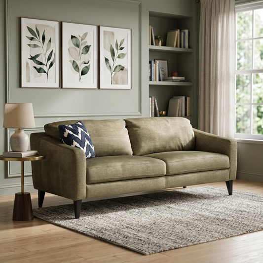 Living room view  for the Oslo 3-seater sofa, highlighting the luxurious Olive Green velvet upholstery, contemporary silhouette, and high-density foam seating.