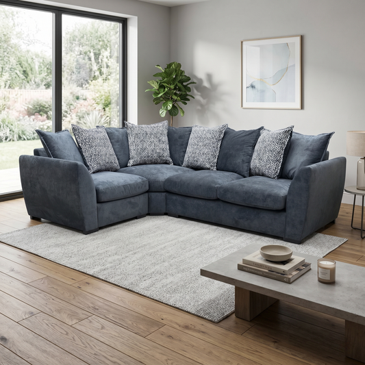 Living room view for the Havana left-hand double arm sofa, highlighting its durable charcoal upholstery, high-density comfort cushioning, and modular configuration setup.