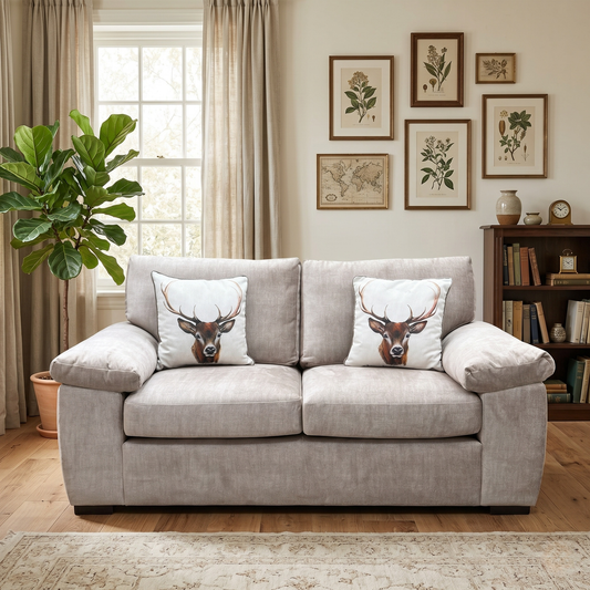 Living room view for the Eliza 2-seater sofa, highlighting its soft-touch beige upholstery, high-density comfort foam cores, and durable frame construction.