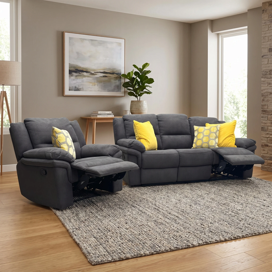 ‘Albion' Charcoal Chenille 3 Seater High Back Manual Recliner Sofa + Chair