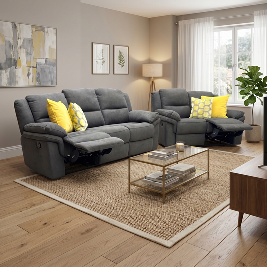 Living room view for the Albion manual recliner sofa set, highlighting its soft-touch textured chenille fabric, pocket-sprung comfort cushioning, and smooth manual latch reclining mechanisms.
