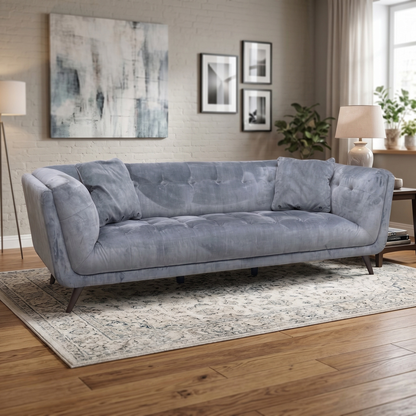 Living room view for the ‘Rene’ Heritage Granite Grey velvet 3-seater sofa, highlighting its spacious seating capacity, premium plush fabric, and modern minimalist design.
