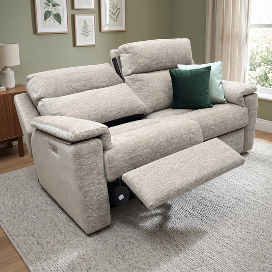 Living room view for the G Plan ‘Thornbury’ 3-seater power recliner sofa, highlighting its authentic British craftsmanship, smooth dual motorized power mechanisms, and premium textured upholstery.