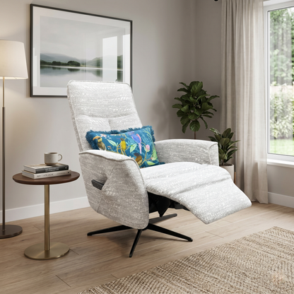 Living room view for the G Plan ‘Maribo’ Maddox Smoke fabric lift and rise chair, highlighting its premium mobility assistance, power reclining mechanism, and independent power headrest.