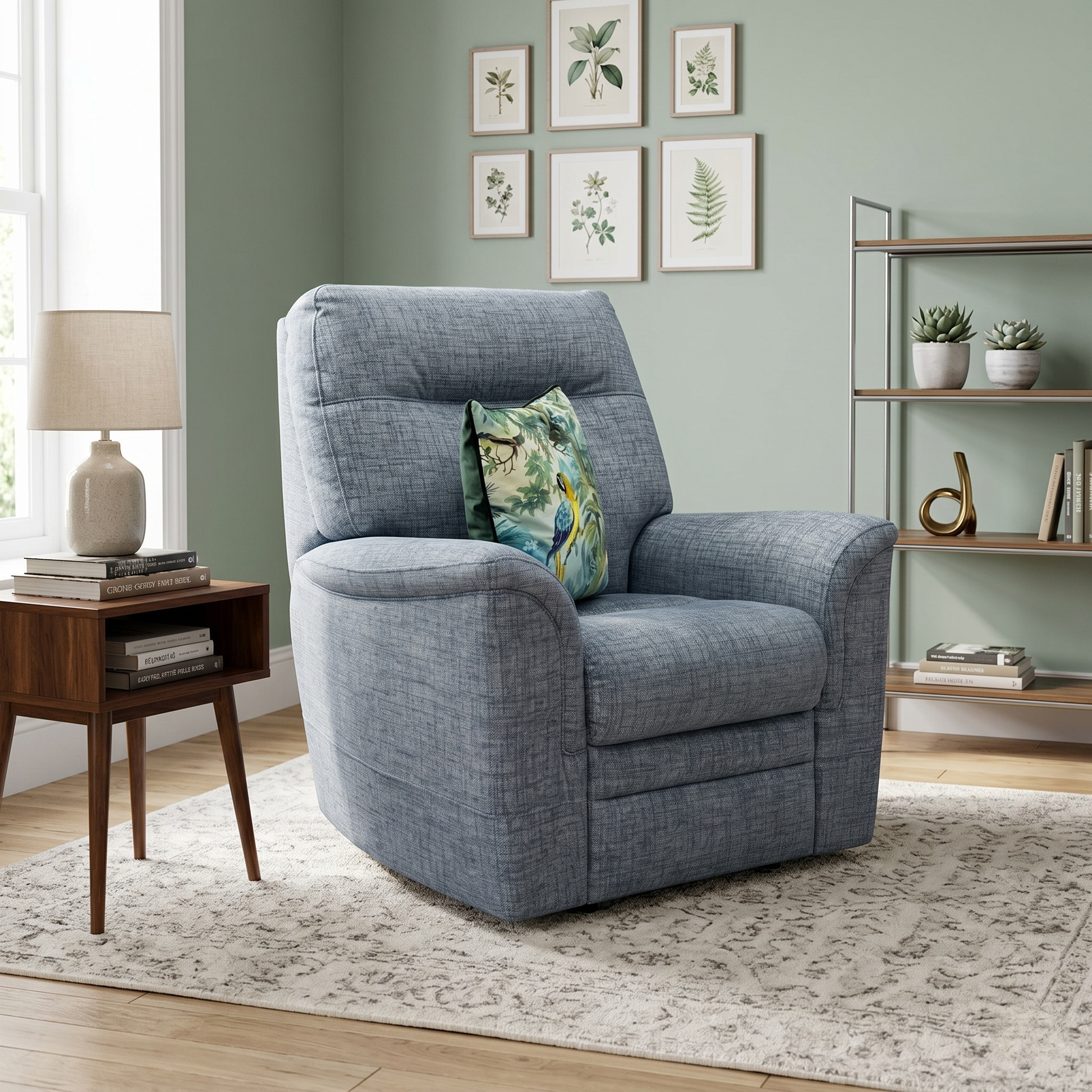 Living room view for the Parker Knoll ‘Hudson 23’ armchair, highlighting its premium Dash Blue fabric upholstery, exceptional medium-firm comfort, and high-quality British craftsmanship.