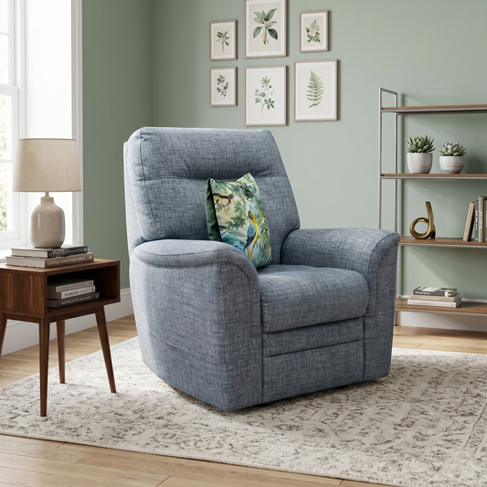 Living room view for the Parker Knoll ‘Hudson 23’ armchair, highlighting its premium Dash Blue fabric upholstery, exceptional medium-firm comfort, and high-quality British craftsmanship.