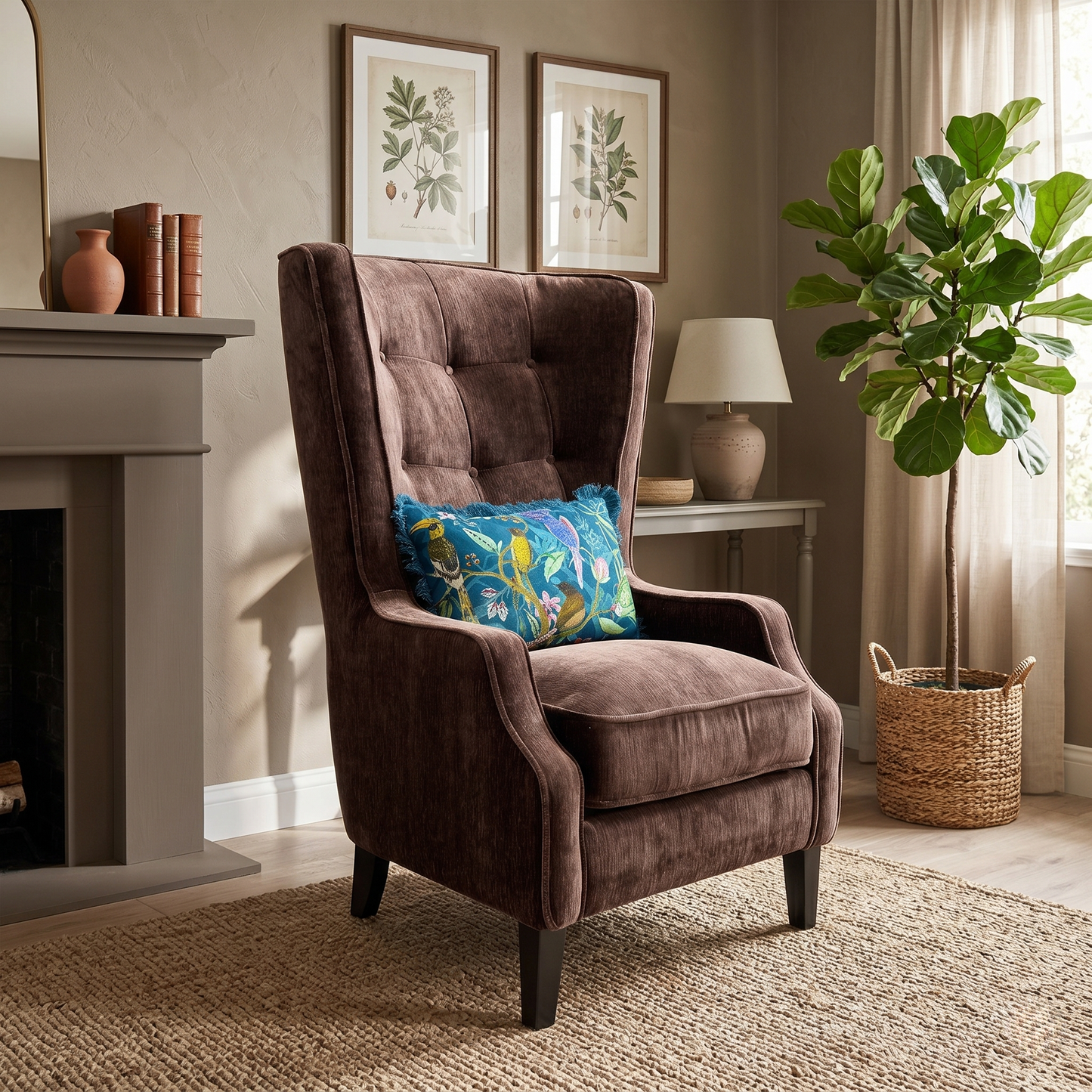 Living room for the ‘Garland’ California Brown accent chair, highlighting key details such as the luxurious plain fabric upholstery, supportive back, and medium comfort level.