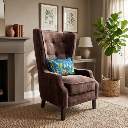 Living room for the ‘Garland’ California Brown accent chair, highlighting key details such as the luxurious plain fabric upholstery, supportive back, and medium comfort level.