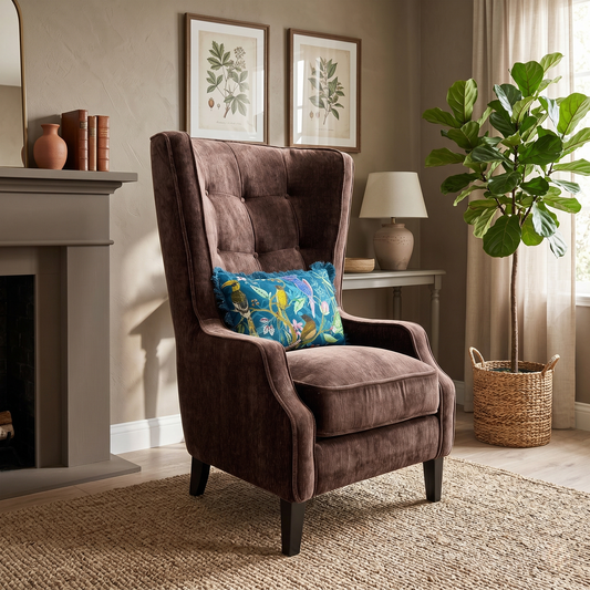 Living room for the ‘Garland’ California Brown accent chair, highlighting key details such as the luxurious plain fabric upholstery, supportive back, and medium comfort level.