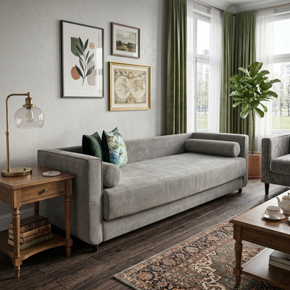 Living room view for the ‘Esprit’ grey fabric fold-out day bed, highlighting its space-saving versatility, medium comfort seating, and simple conversion mechanism.