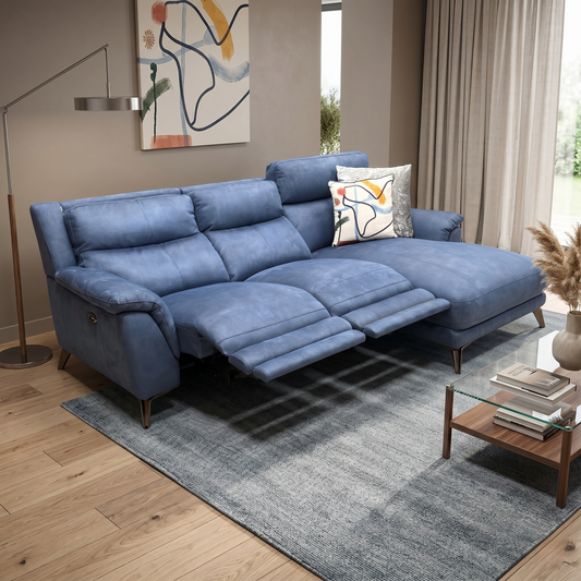 ‘Contempo’ Bfa-Blj-R10 Blue Suede Fabric Power Recliner Right Hand Facing Chaise End Sofa