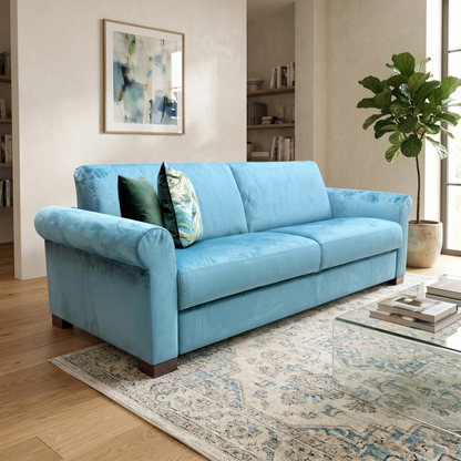 Living room view for the Nicoletti ‘Alcova’ teal velvet 3-seater sofa, highlighting its luxurious upholstery, medium comfort support, and sophisticated modern style.