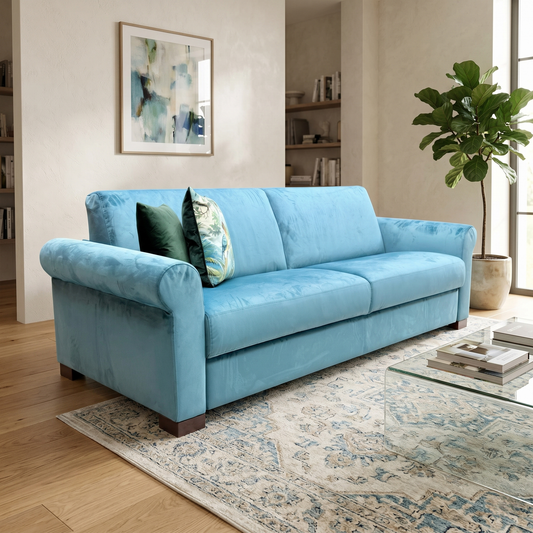 Living room view for the Nicoletti ‘Alcova’ teal velvet 3-seater sofa, highlighting its luxurious upholstery, medium comfort support, and sophisticated modern style.