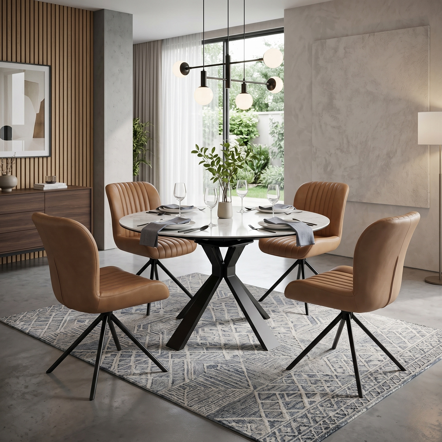 Dining room view for the Bodahl ‘Terra’ Tan Brown leather swivel dining chairs, highlighting the multi-pack set of 4 configuration, smooth auto-return swivel function, and luxury rustic aesthetic.