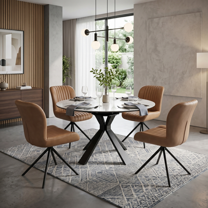 Dining room view for the Bodahl ‘Terra’ Tan Brown leather swivel dining chairs, highlighting the multi-pack set of 4 configuration, smooth auto-return swivel function, and luxury rustic aesthetic.