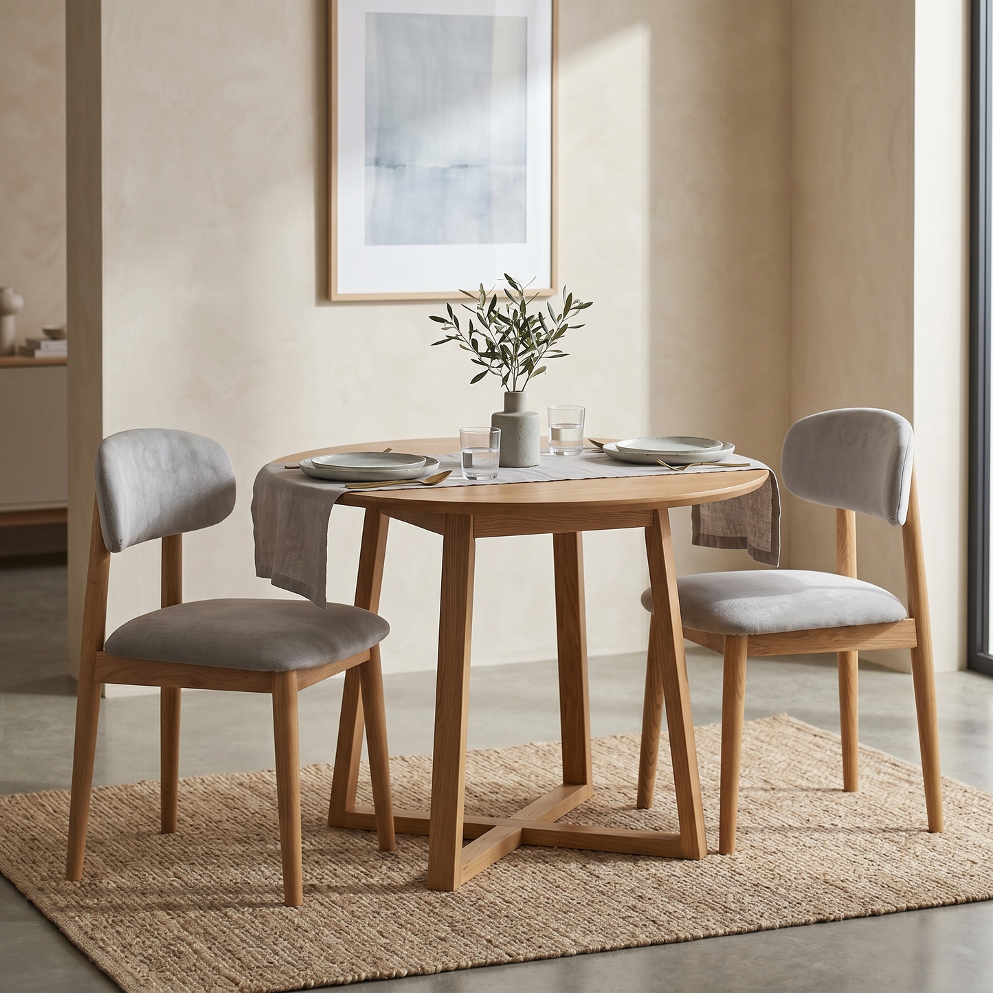 Dining room view for the ‘Stockholm’ light oak wooden dining chairs, highlighting the pair configuration, premium solid wood construction, and timeless Nordic style.