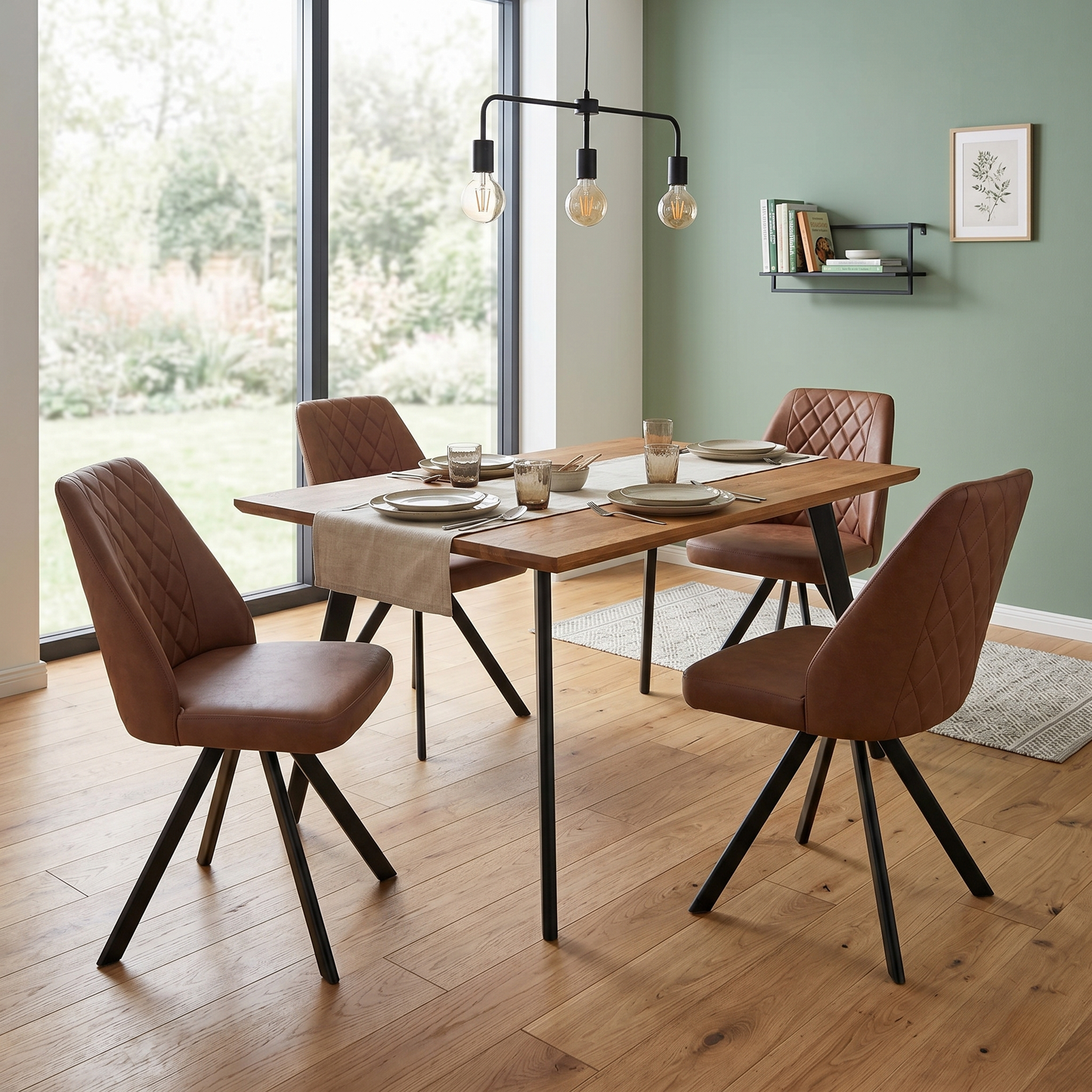 Dining room Three-quarter angled view of a single Jupiter tan brown faux leather dining chair, highlighting the contoured backrest, supportive side bolsters, and sleek 180-degree swivel mechanism base.