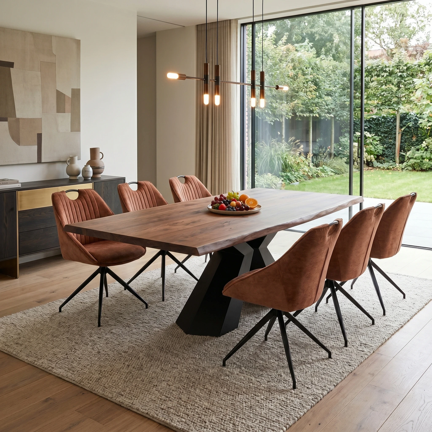 Dining room view for the ‘Jai’ Rust Orange fabric swivel dining chairs, highlighting the multi-pack set of 6 configuration, smooth 180-degree swivel return function, and bold modern industrial design.