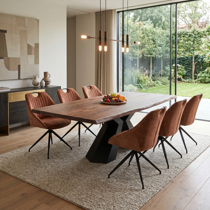 Dining room view for the ‘Jai’ Rust Orange fabric swivel dining chairs, highlighting the multi-pack set of 6 configuration, smooth 180-degree swivel return function, and bold modern industrial design.