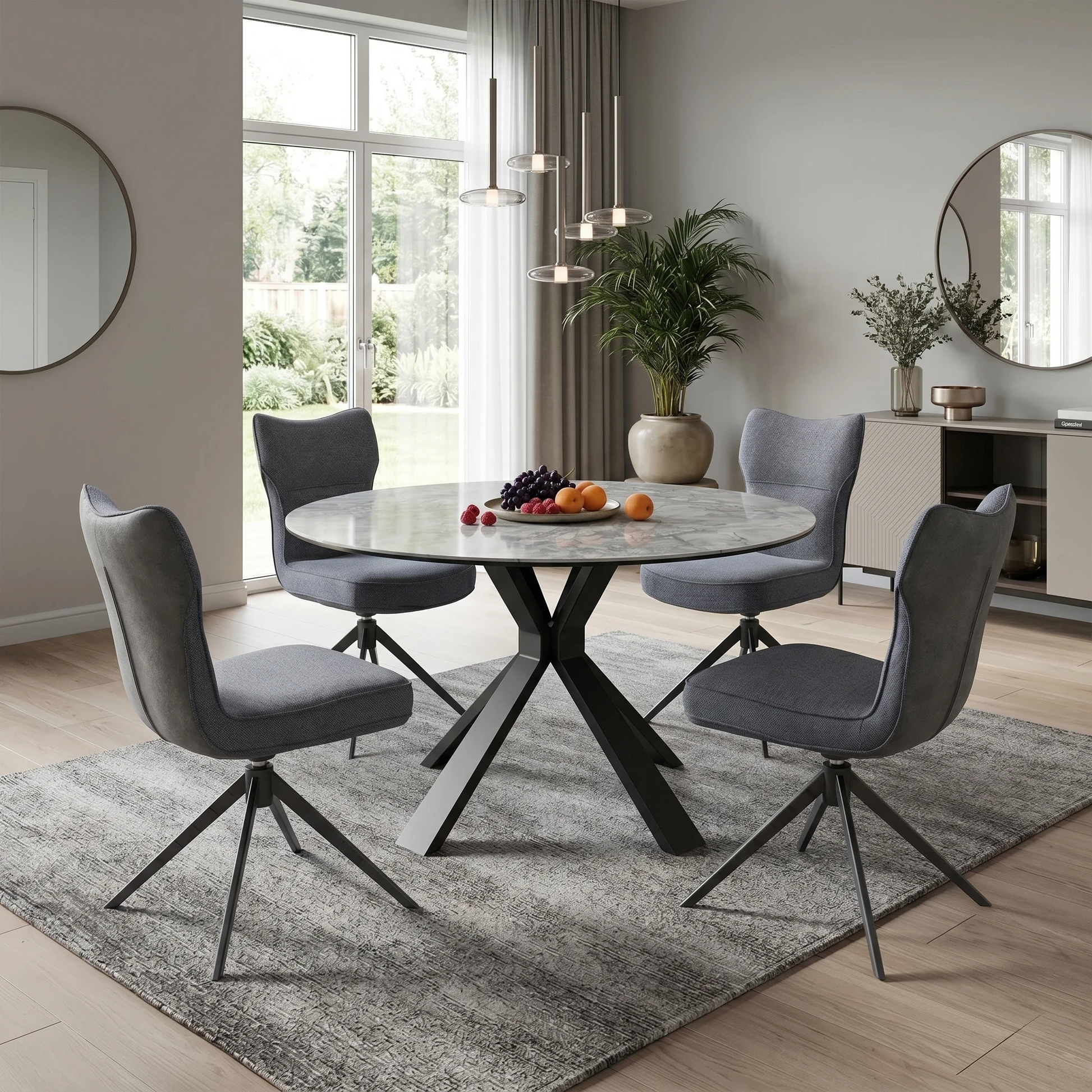 Dining room view for the ‘Carrera’ Grey fabric swivel dining chairs, highlighting the multi-pack set of 4 configuration, smooth 180-degree swivel return function, and modern industrial aesthetic.