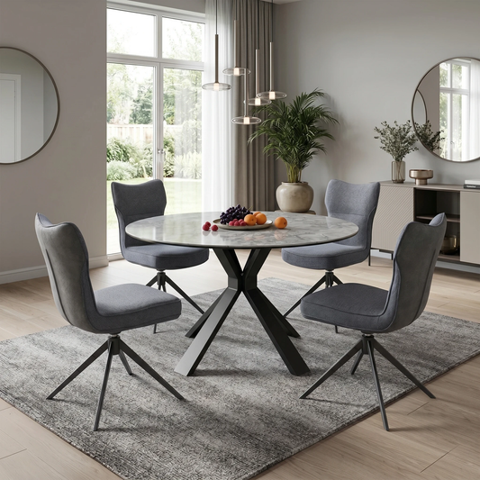Dining room view for the ‘Carrera’ Grey fabric swivel dining chairs, highlighting the multi-pack set of 4 configuration, smooth 180-degree swivel return function, and modern industrial aesthetic.