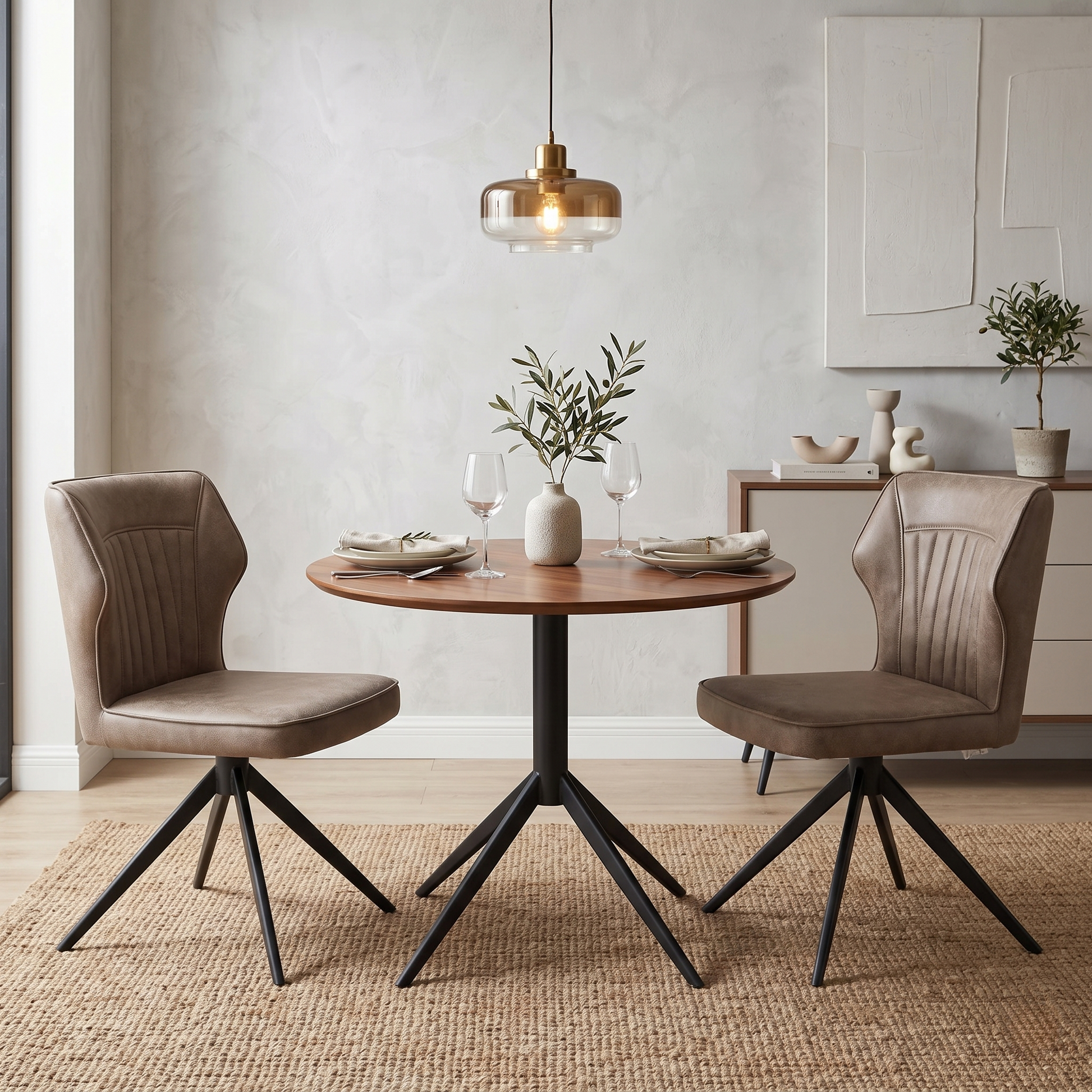 Dining room view for the ‘Aydin’ Tan Brown faux leather dining chairs, highlighting the pair configuration, smooth 180-degree swivel return function, and modern industrial aesthetic.