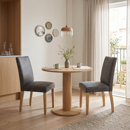 Dining room view for the ‘Augusta’ Grey Cowboy upholstered dining chairs, highlighting the set of 2 packaging, durable faux-leather fabric texture, and modern industrial design.