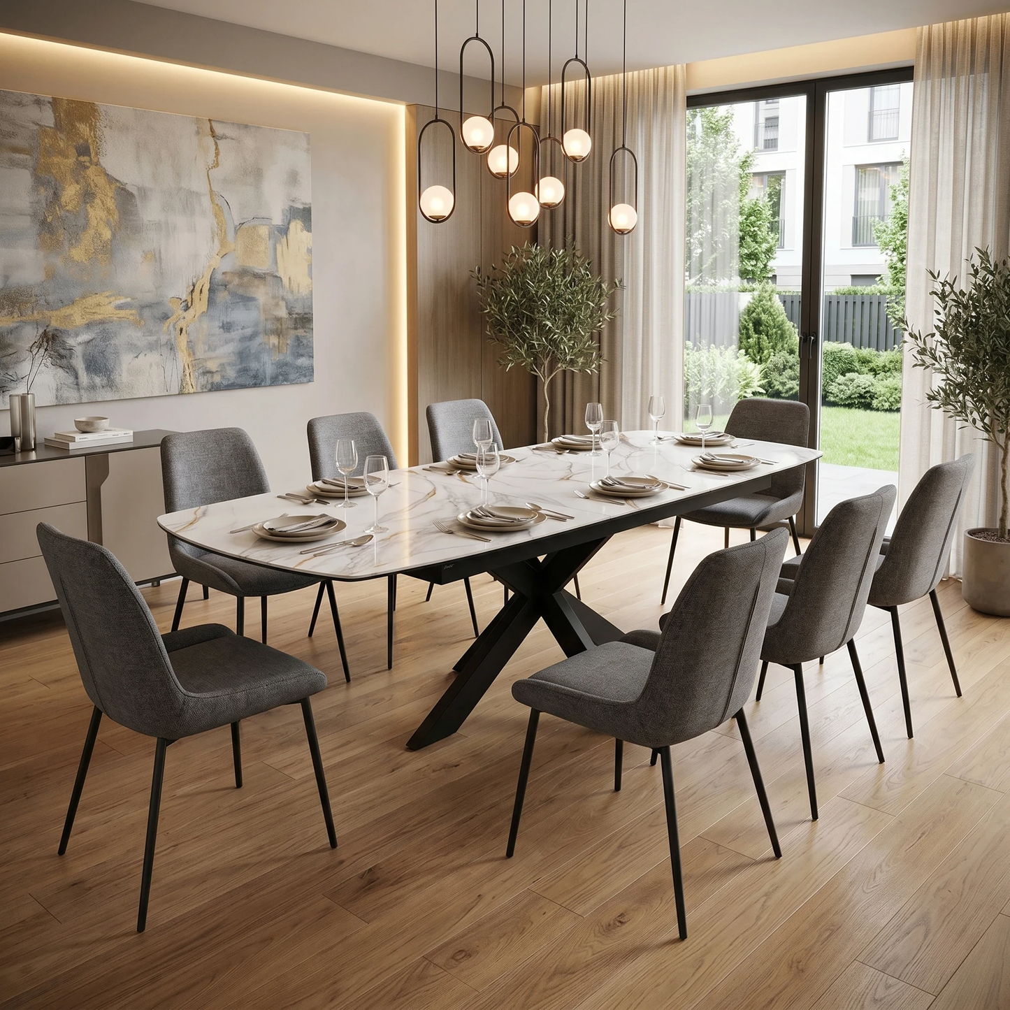 Dining room view for the ‘Raul’ marble ceramic dining table, highlighting its hardwearing heat-and-scratch-resistant surface, easy pop-up extension, and contemporary Italian style.