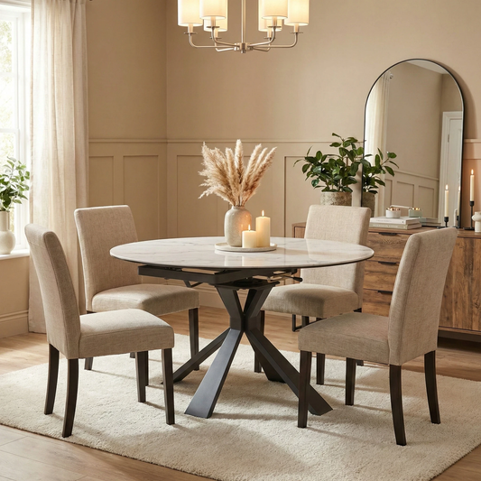 Dining room view for the Crete white ceramic dining table, highlighting its scratch-resistant, heatproof, and chip-resistant surface laminated to tempered glass.