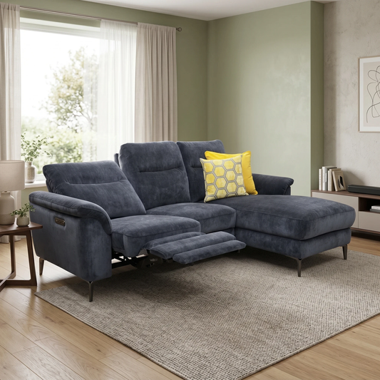 ‘Morgan’ Manhattan Indigo Fabric 3 Seater Power Recliner Sofa with Chaise End