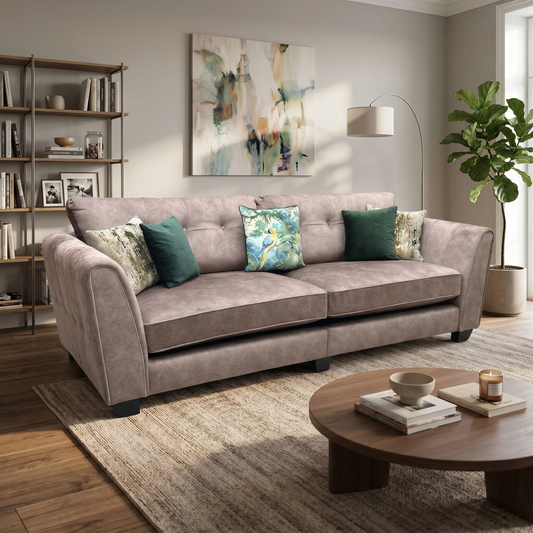 ‘Mariah’ Dapple Chocolate-Tri Chrome Insert Fabric 4 Seater Classic Back Split Frame Sofa