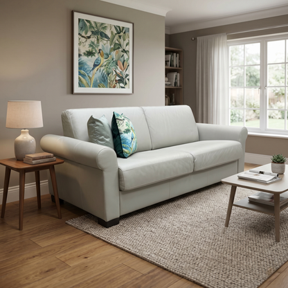 Nicoletti 'Alcova' Torello Tortora Grey Dark Feet Leather 2.5 Seater Sofa Bed with Scroll Arms
