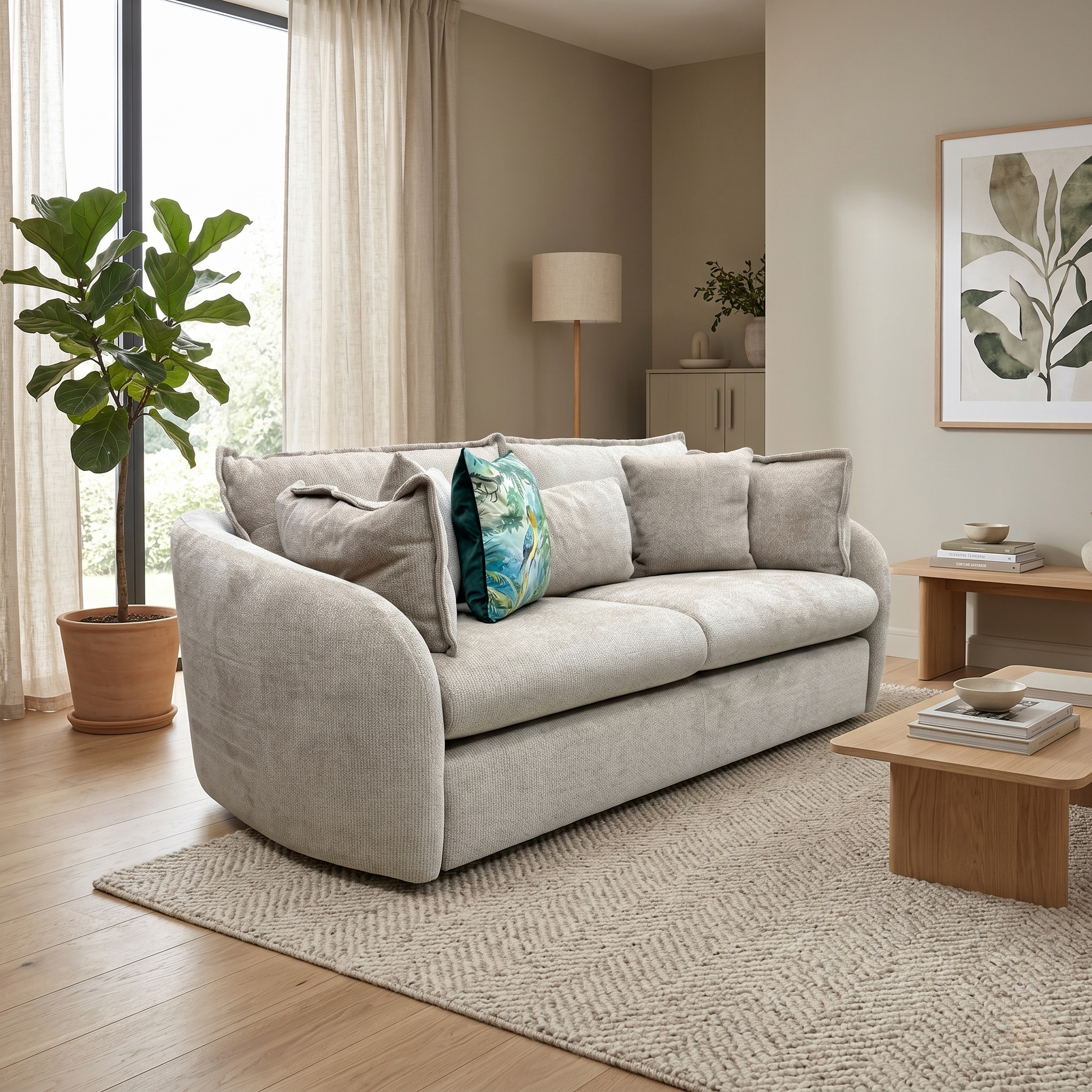 Living room view of three-seater sofa upholstered in a neutral stone-colored wicker-textured fabric, featuring plush scatter back cushions and a deep, structured seat design.