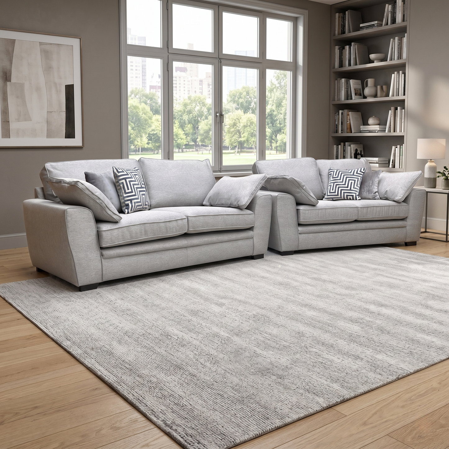 Living room view for the Chalfont Novak Grey 3 and 2 seater sofa set, highlighting the soft-touch fabric, contemporary design, and durable construction.