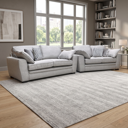 Living room view for the Chalfont Novak Grey 3 and 2 seater sofa set, highlighting the soft-touch fabric, contemporary design, and durable construction.