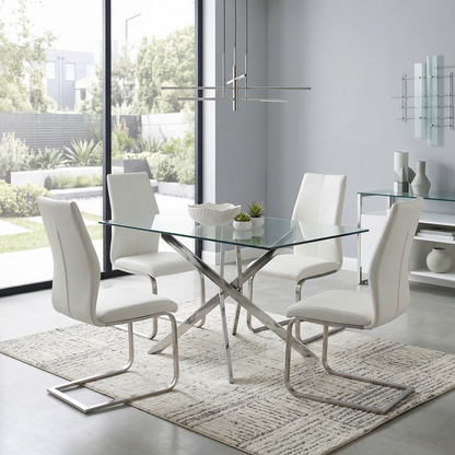 Dining room view for the Elis taupe dining chairs, highlighting the wipe-clean faux leather upholstery, ergonomic back support, and sturdy cantilever frame.