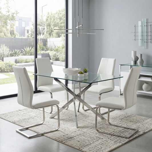 Dining room view for the Elis taupe dining chairs, highlighting the wipe-clean faux leather upholstery, ergonomic back support, and sturdy cantilever frame.