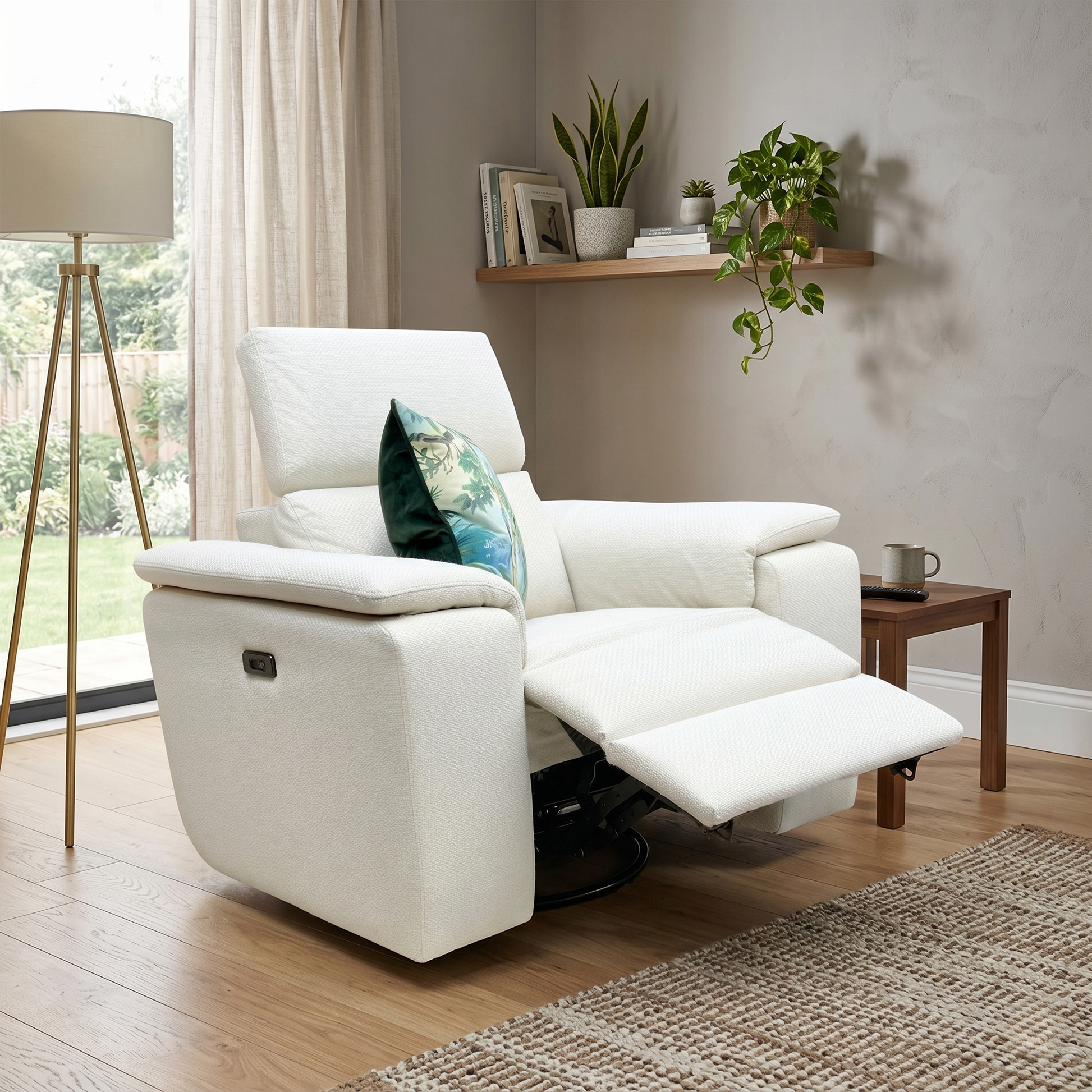 Living room view for the Nicoletti Davide swivel rocker recliner, detailing the high-quality beige textured fabric, ergonomic support, and integrated power touch controls.