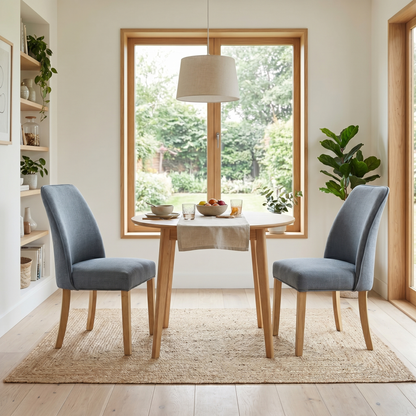Dining room view of the Hamilton upholstered dining chair, emphasizing the plush padded seat cushion, deep buttoning, and contoured roll-back design.
