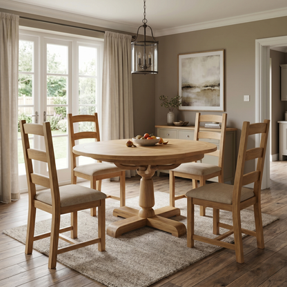Dining room view the Furnitureland Augusta dining table fully extended into an oval shape, demonstrating the smooth central extension mechanism and increased seating capacity.