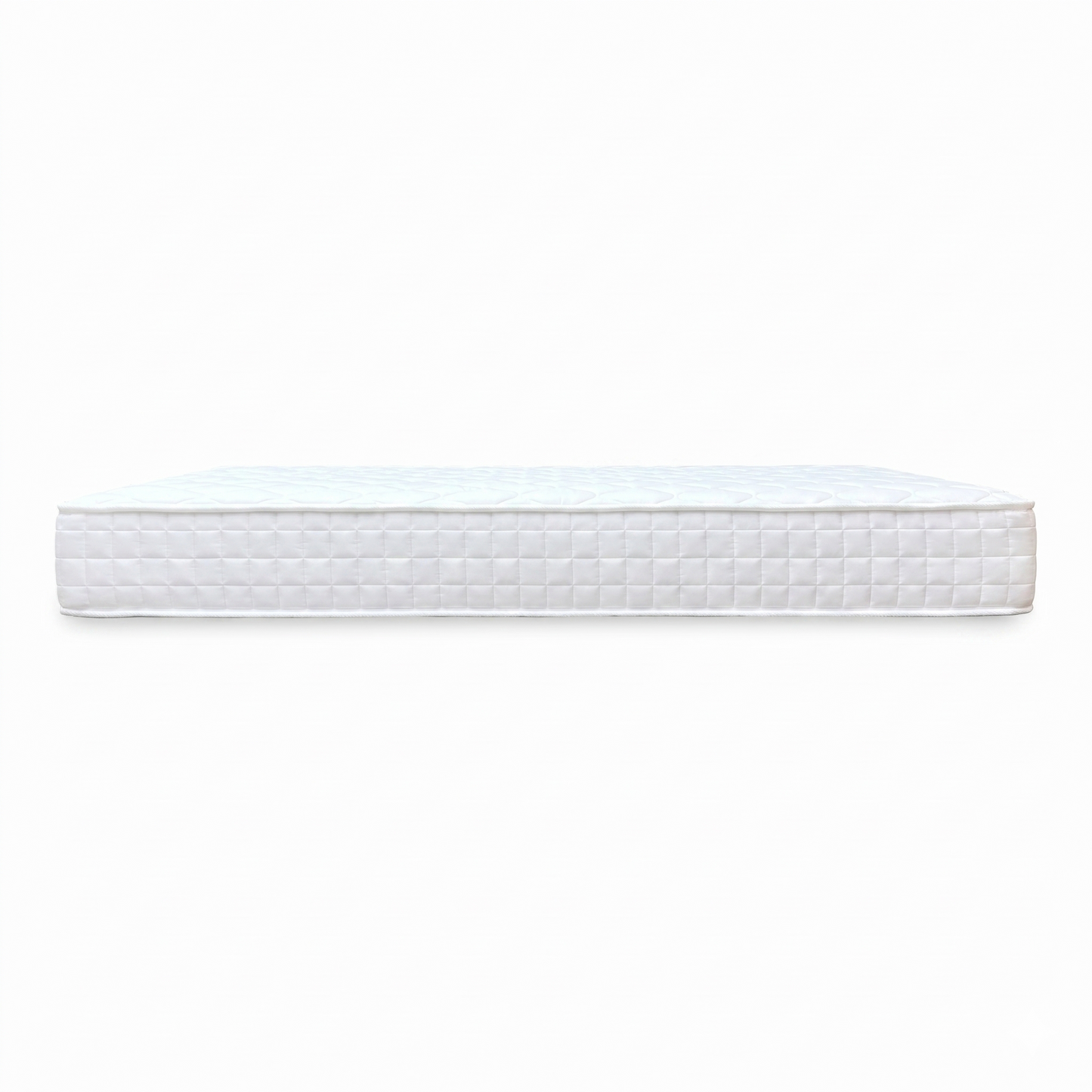 Side view of the Comfort Pocket 1000 double mattress, illustrating the total mattress depth, stitched side handles for easy turning, and the ventilated grey mesh border.