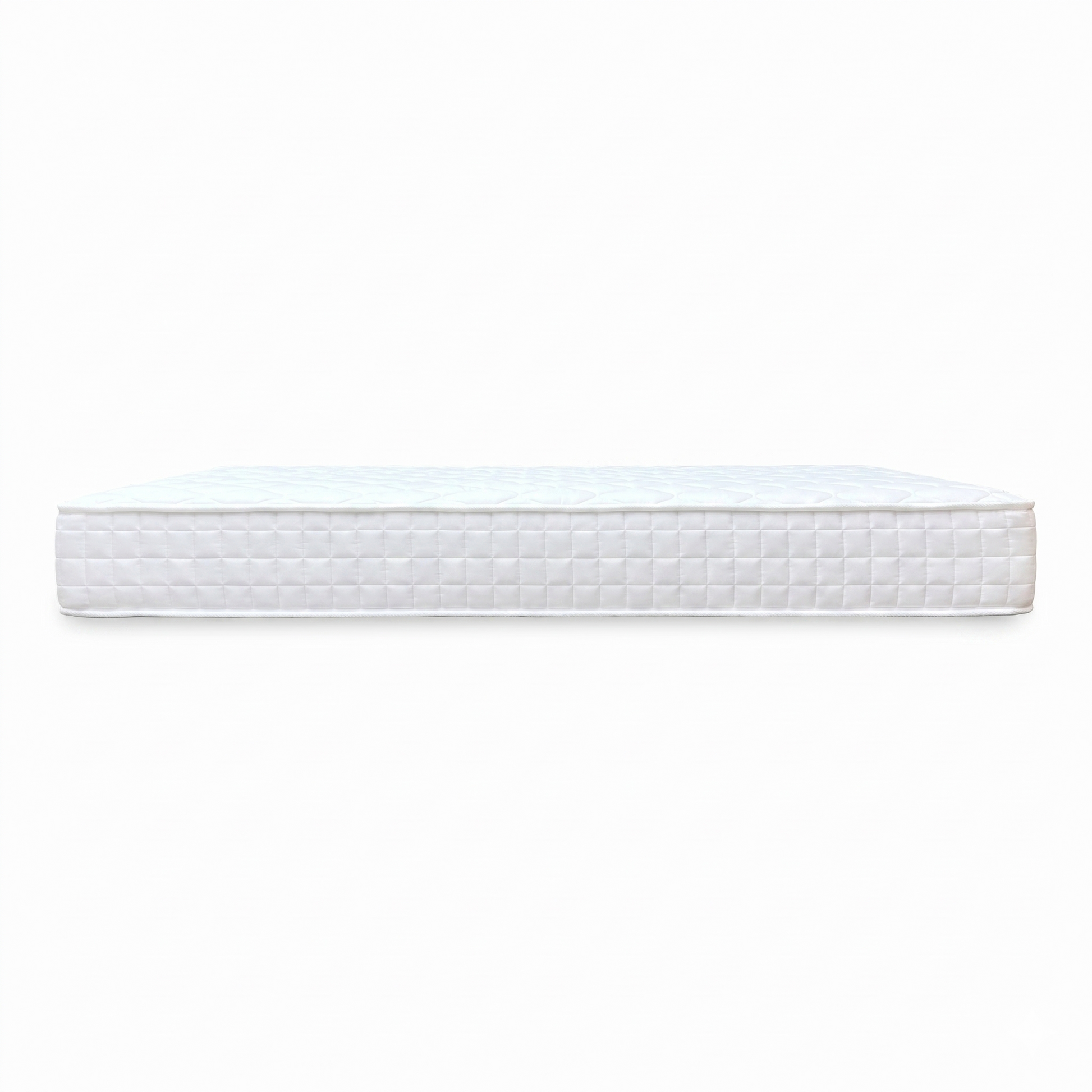 Side view of the Comfort Pocket 1000 double mattress, illustrating the total mattress depth, stitched side handles for easy turning, and the ventilated grey mesh border.