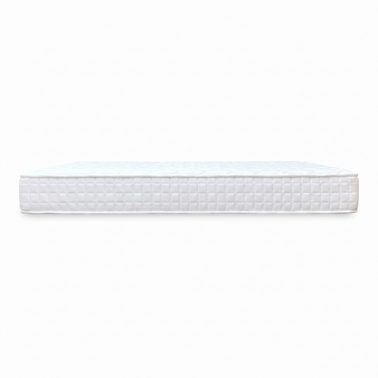 Side view of the Comfort Pocket 1000 double mattress, illustrating the total mattress depth, stitched side handles for easy turning, and the ventilated grey mesh border.