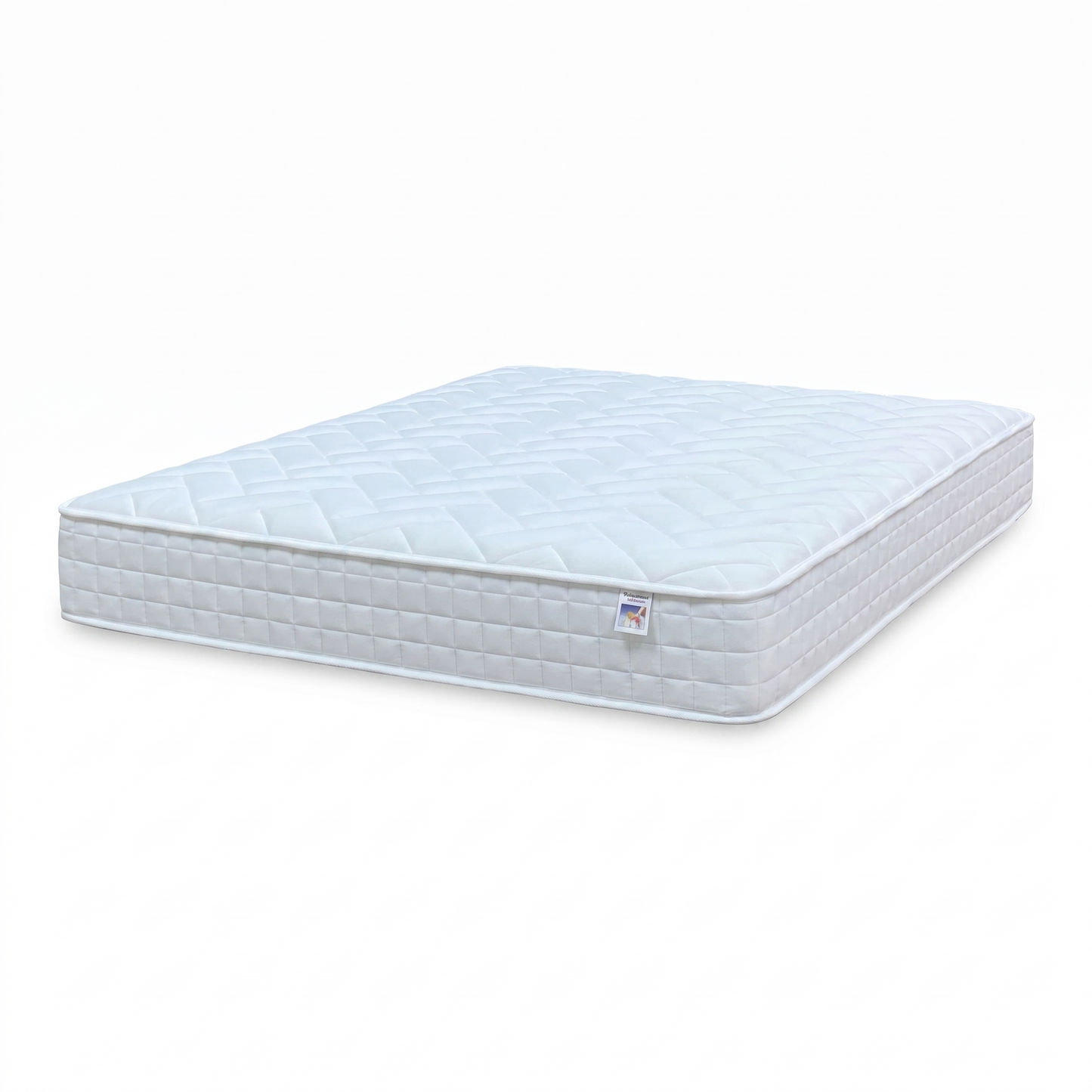 Full view of angled view of the Comfort Pocket 1000 double mattress, showcasing its deep quilted top surface, modern grey breathable border, and clean white fabric design.